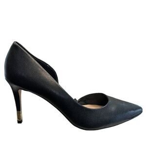 ALDO Size 10 Black Faux Leather Pointed Toe Pumps Gold Stiletto High Heels